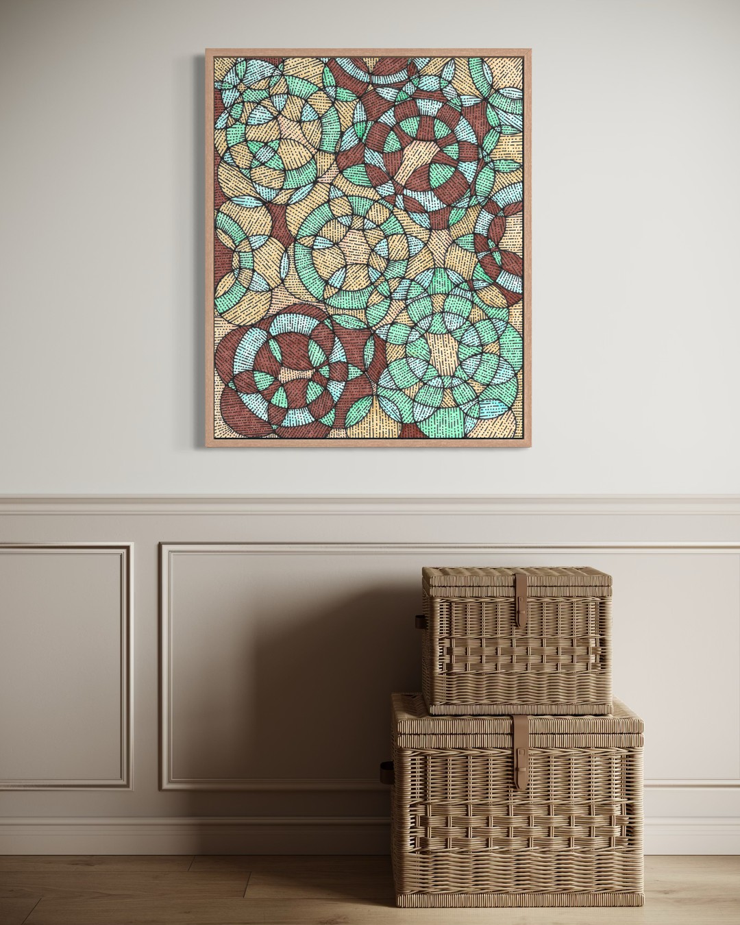 Dia in a natural wood frame above stacked wicker baskets