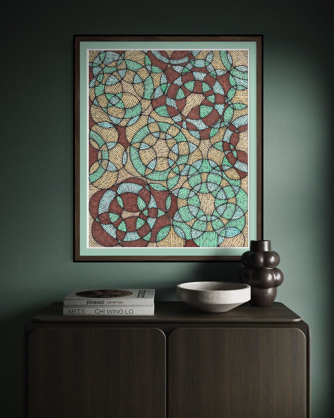 Dia framed above a dark wooden cabinet against a green wall