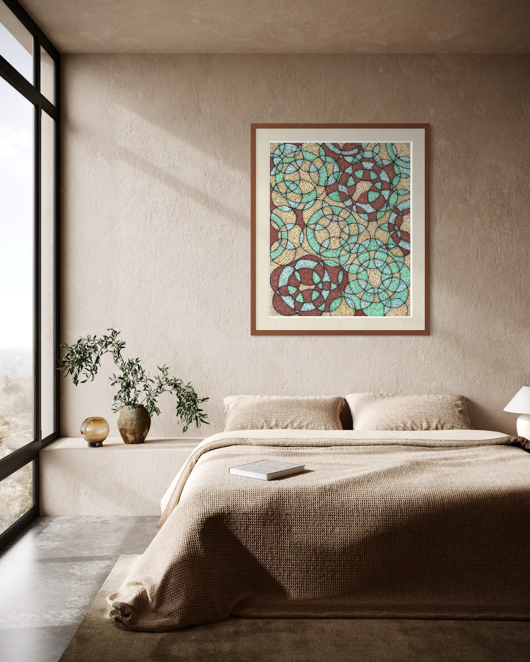 Dia framed above a bed in a warm neutral bedroom