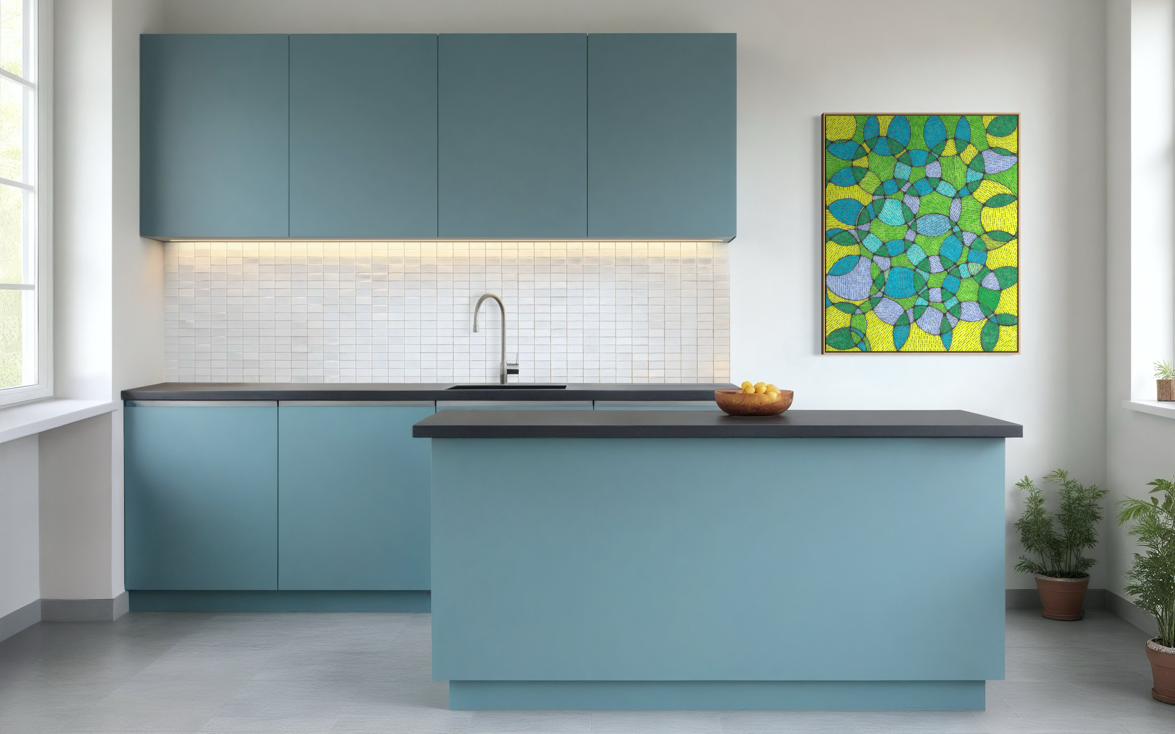 Pomona in a blue kitchen