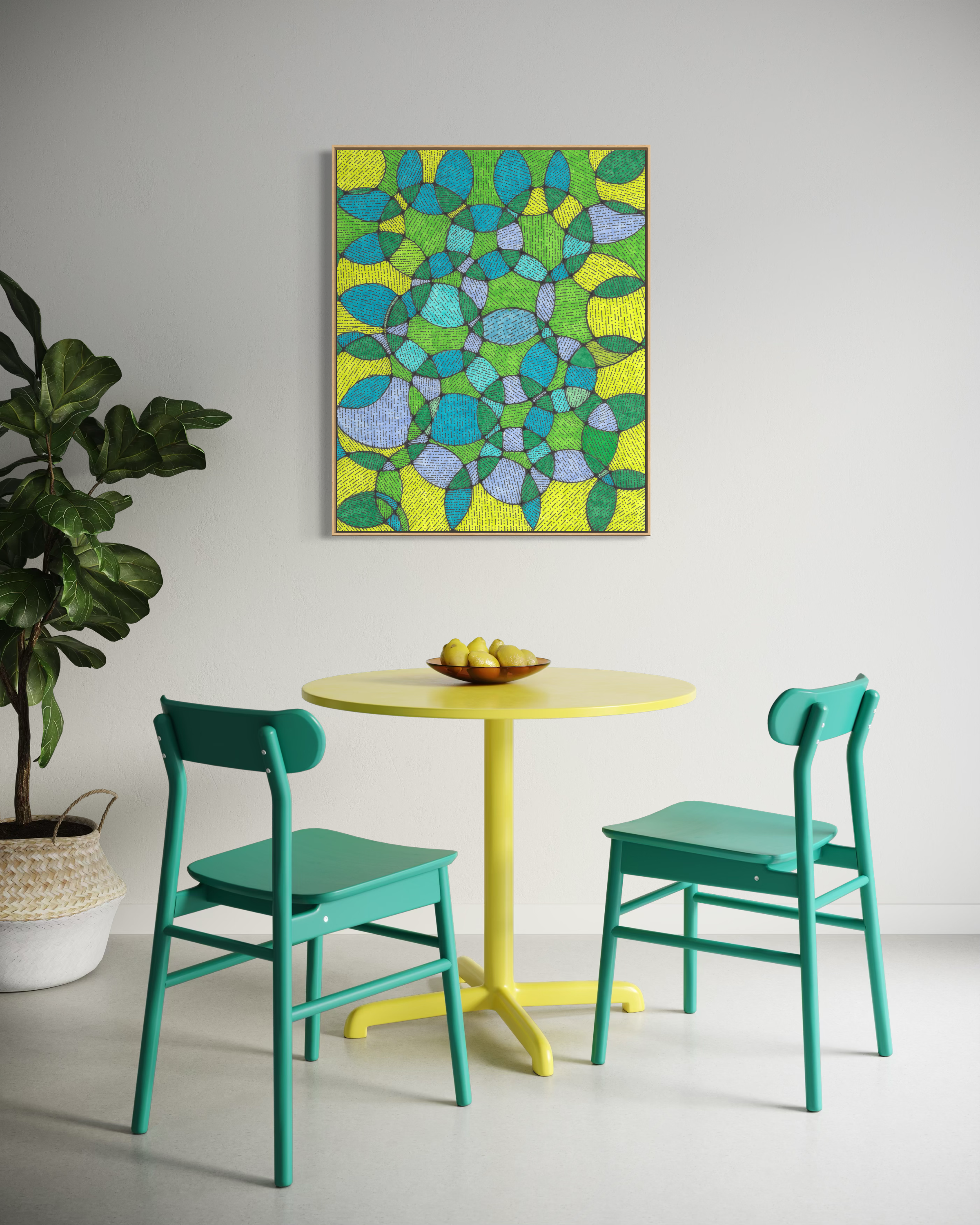 Pomona above a yellow table