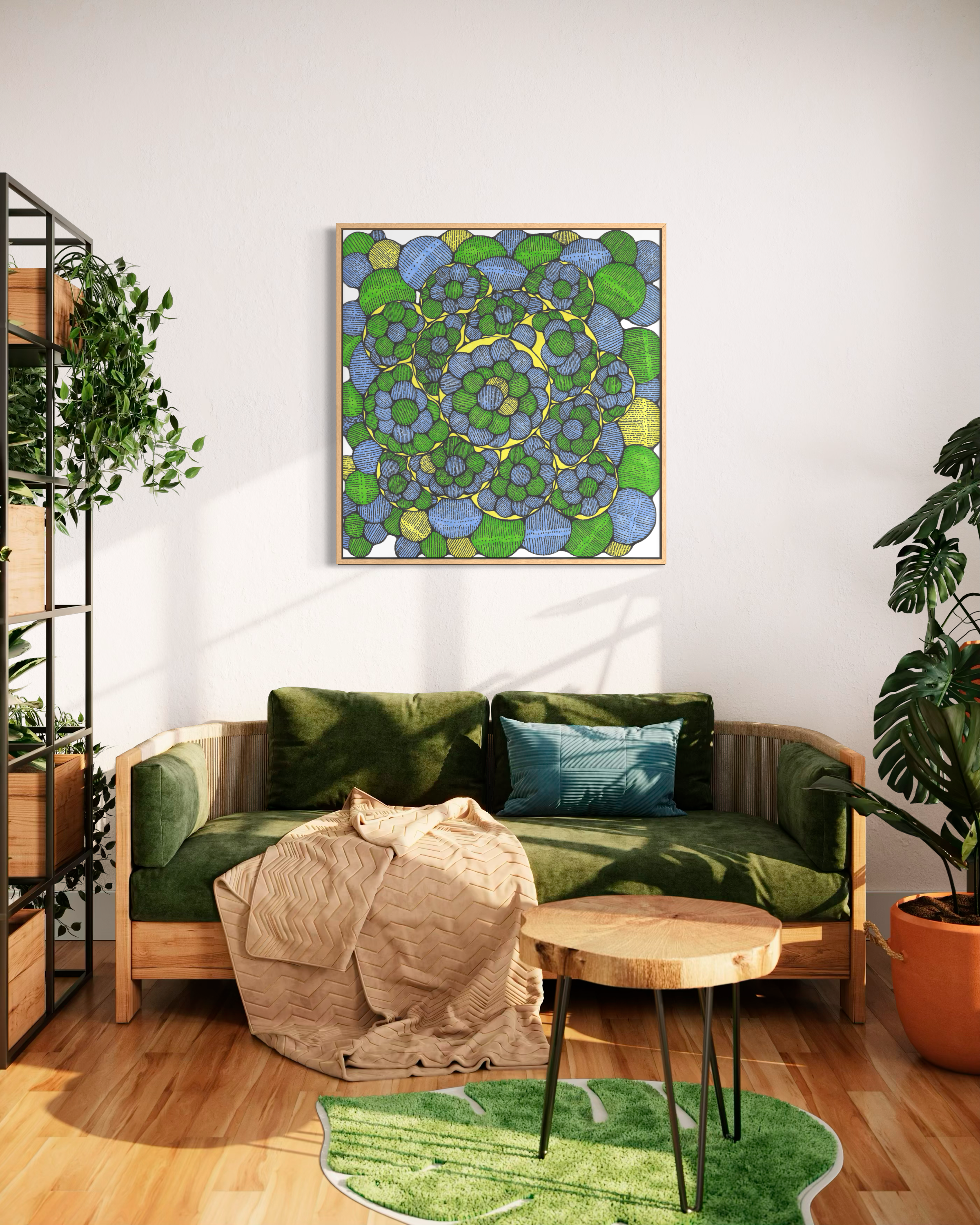 Calyce above a green sofa