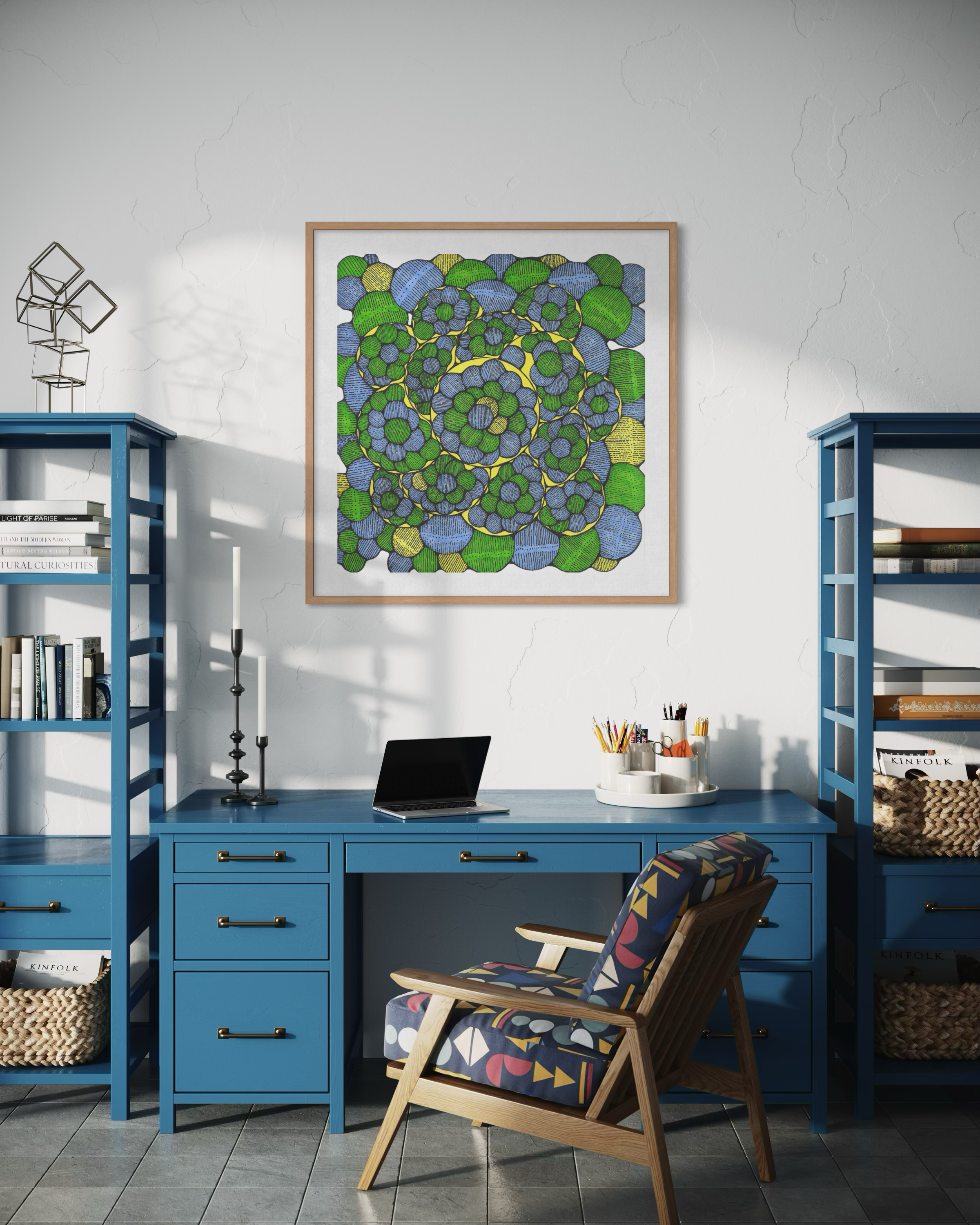Calyce in a blue home office
