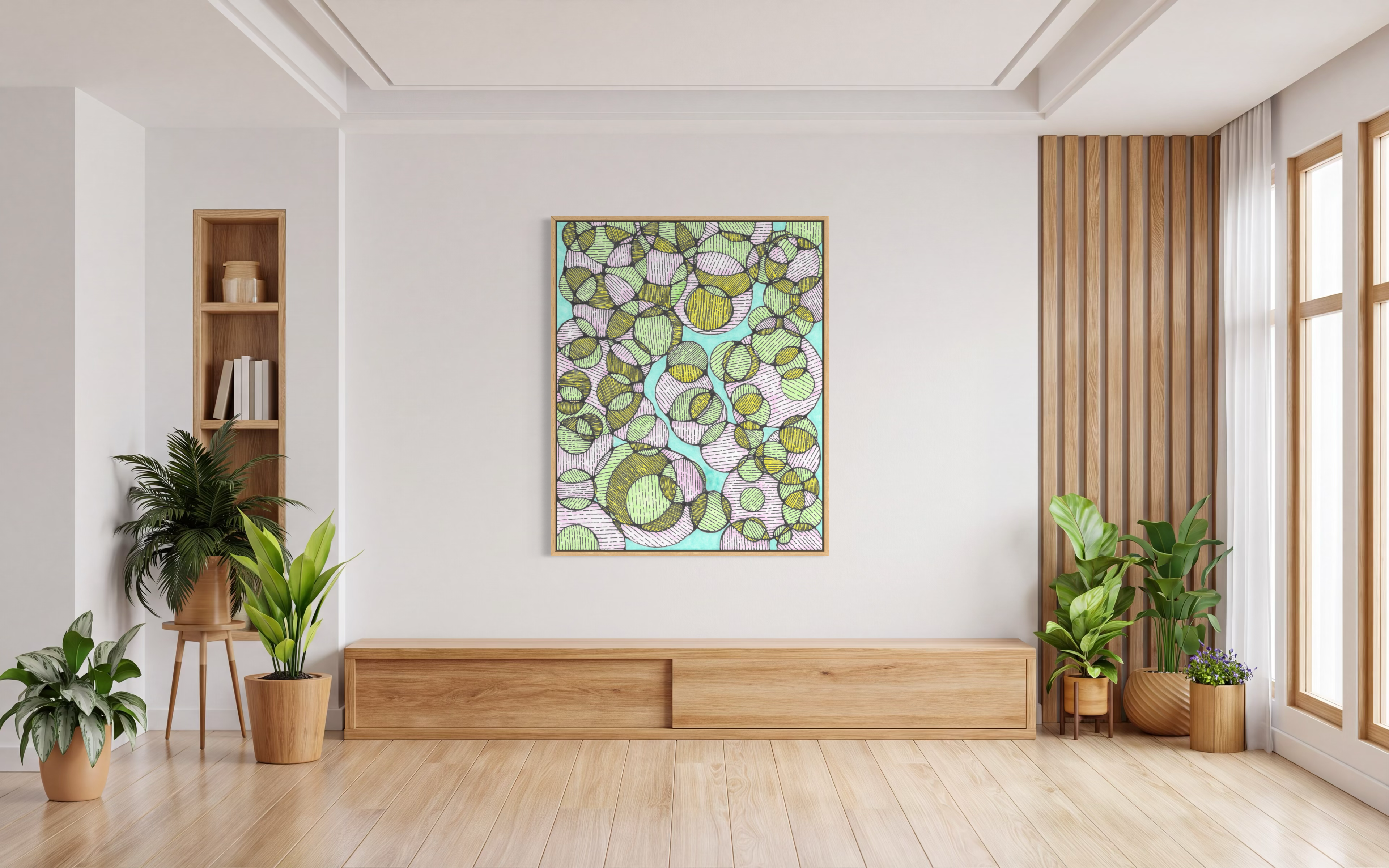 Charis artwork in a bright interior above a wooden console