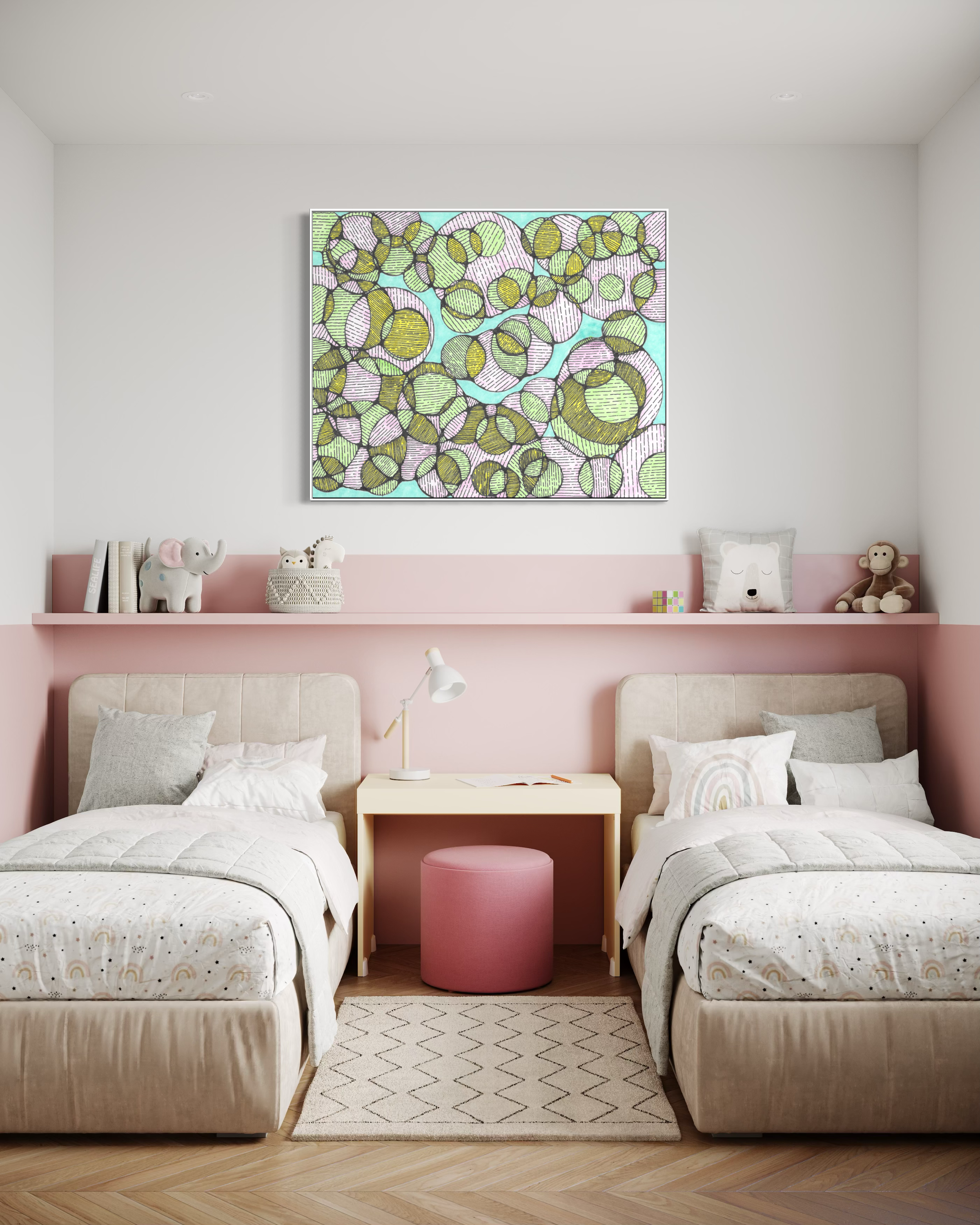 Charis artwork in a pink bedroom with twin beds
