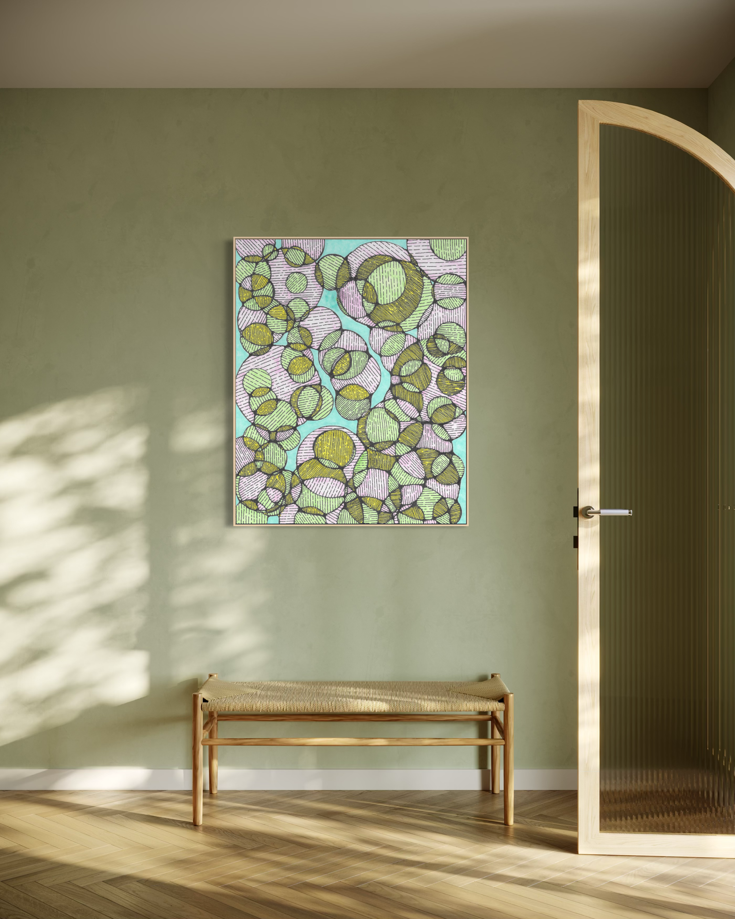 Charis artwork in a green entryway above a woven bench