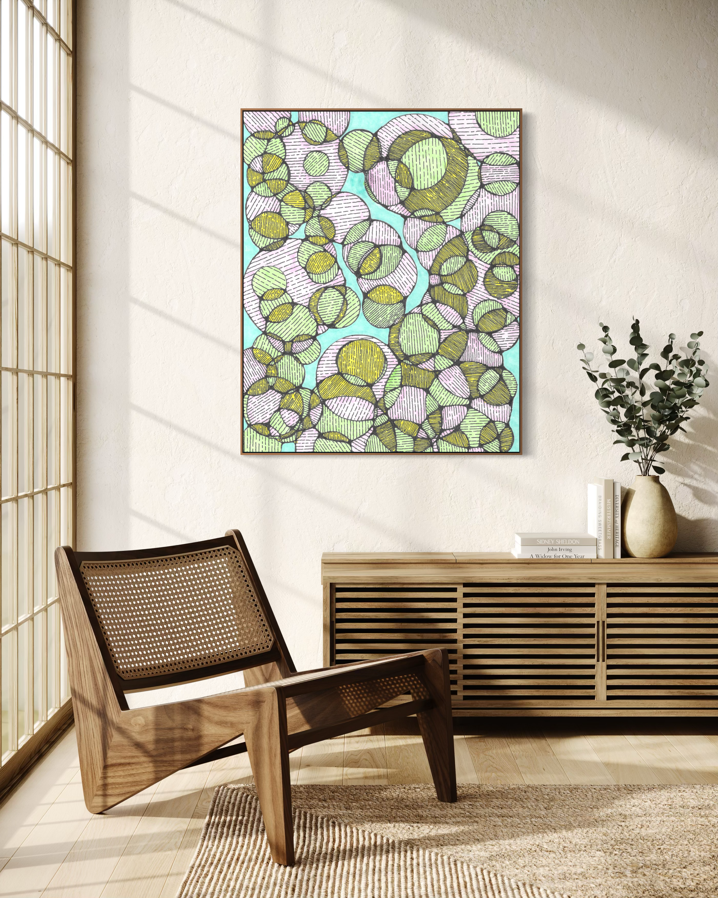 Charis artwork in a sunlit sitting area with a wooden chair