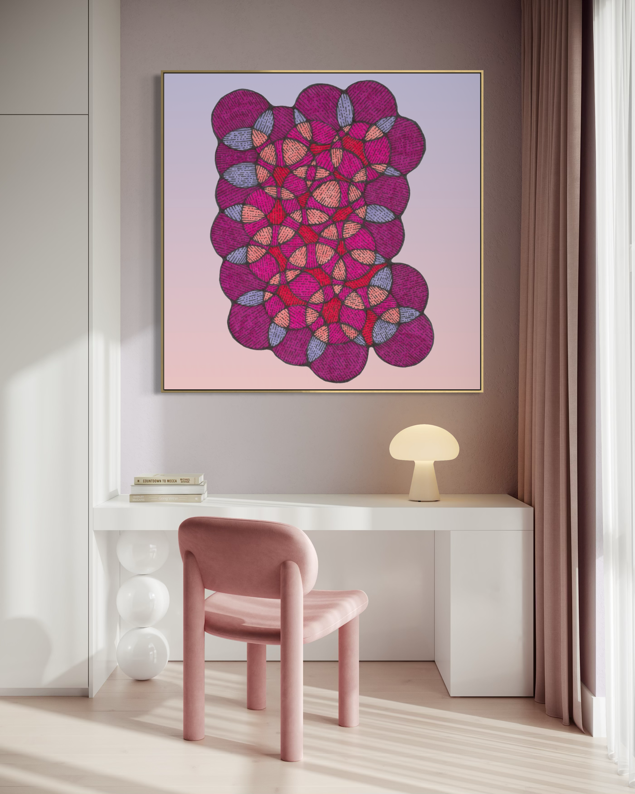 Erato framed in gold above a white desk and pink chair