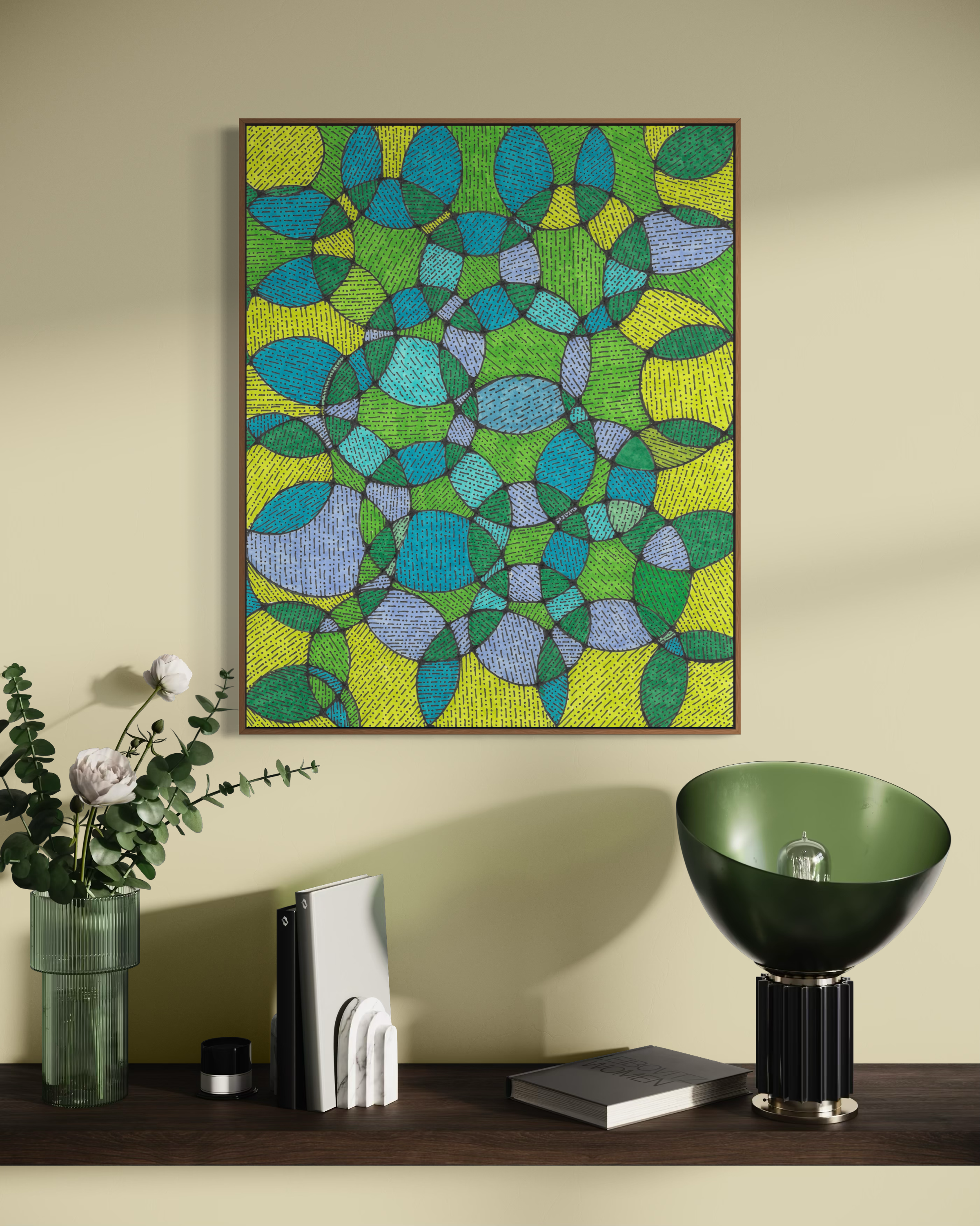 Pomona framed above a console with a green lamp