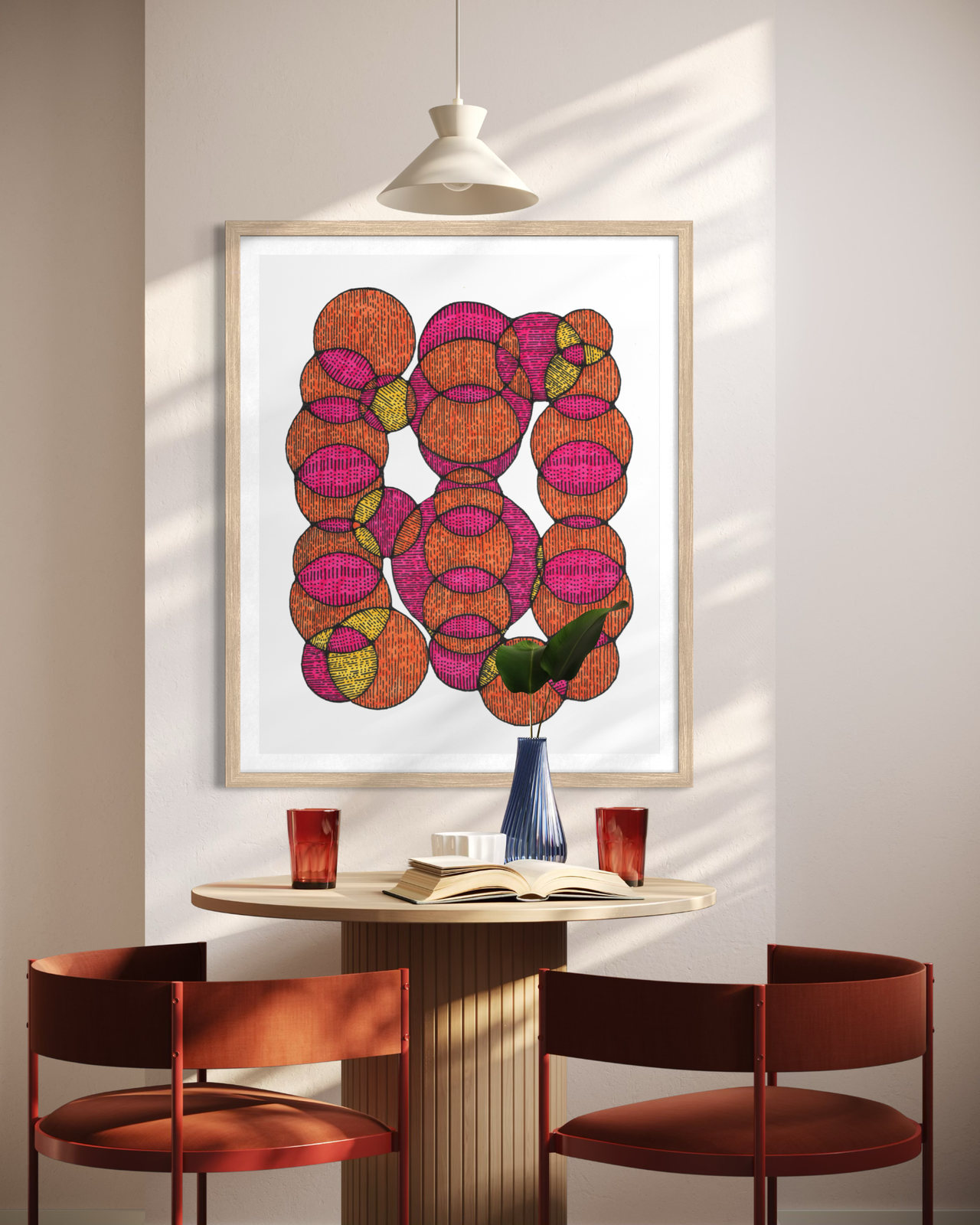 Aurora in a dining area with a natural wood frame
