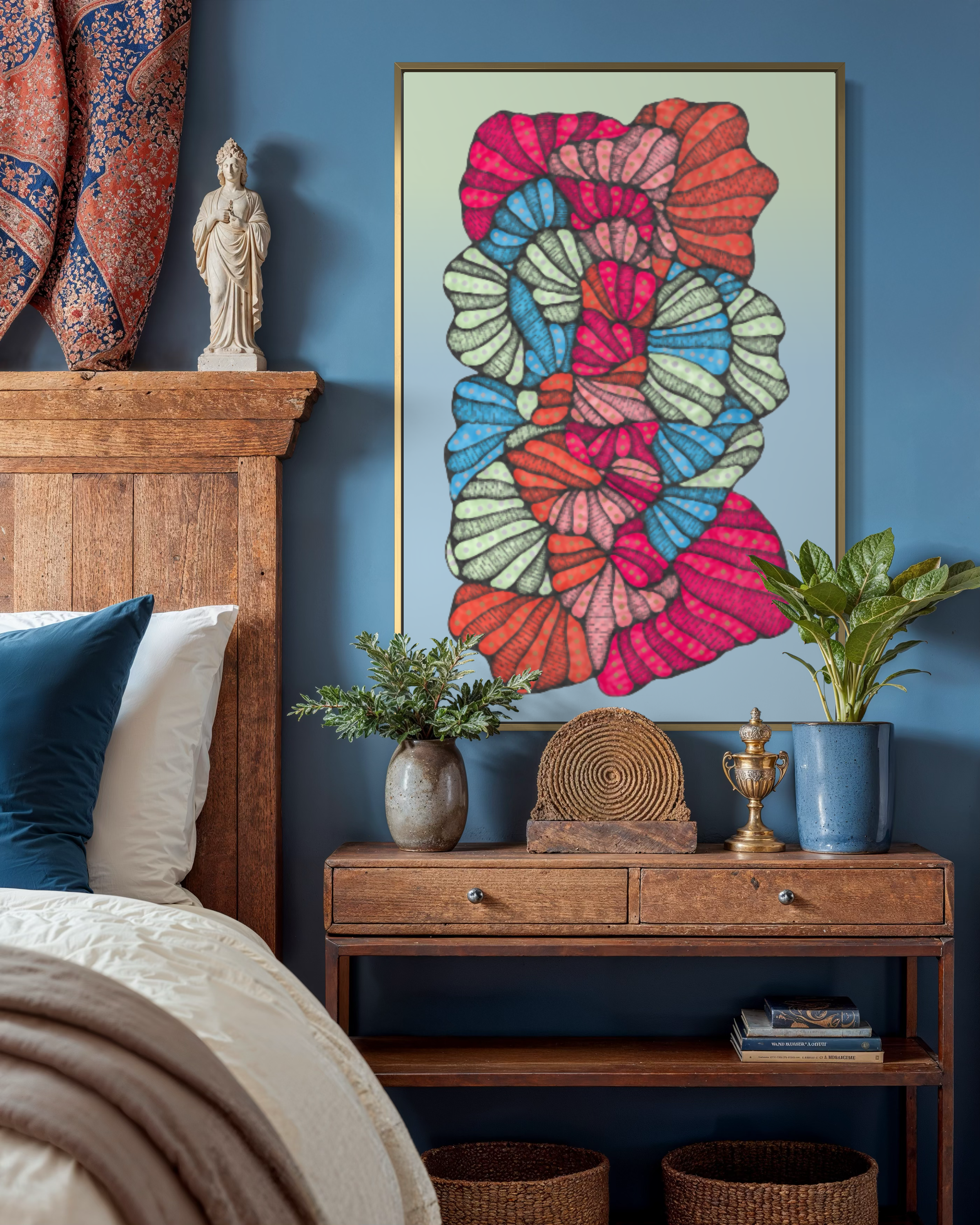 Theia with a custom gradient background, framed in a blue bedroom
